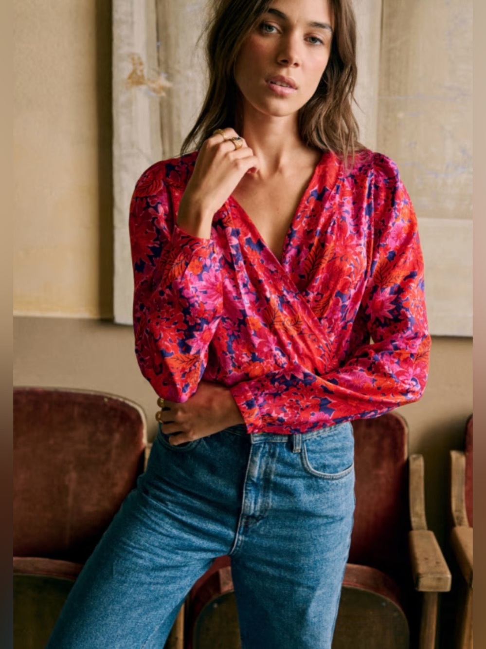 Sezane Abelia blouse in Pink/Red/Blue Floral